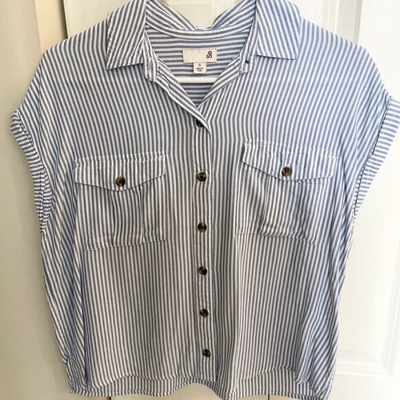 🔵 Ladies blue vertical stripe button down shirt size SM - Picture 1 of 7